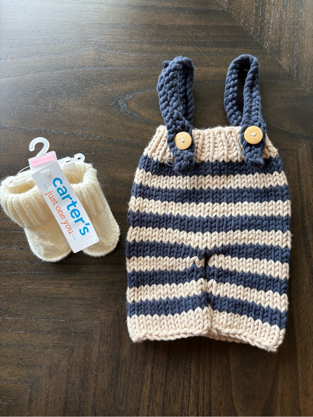 Newborn Hand Knit Striped Romper + Carter’s Booties